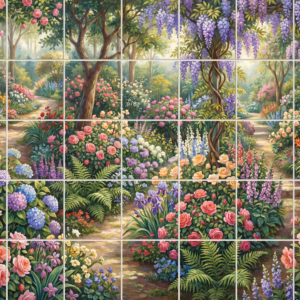 A painterly mural of a winding path through a lush woodland flower garden.