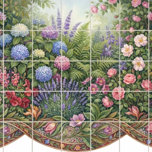 A tile mural of a lush English garden with colourful hydrangeas, roses, and lavender.