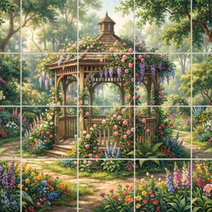 A wooden gazebo covered in pink roses and purple wisteria in a lush garden.