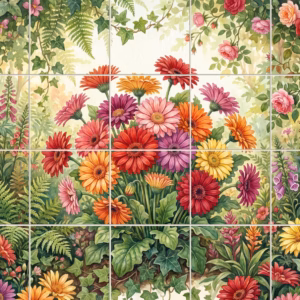 A watercolour painting of a colourful garden with Gerbera daisies, roses, and ferns.