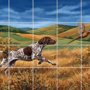 A tile mural of a German Pointer dog chasing a pheasant in a field.