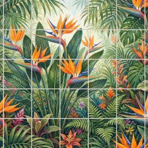 A painterly tile mural of a tropical jungle with orange Bird of Paradise flowers.