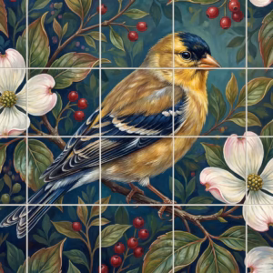 A painterly tile mural of a goldfinch surrounded by white dogwood flowers and berries.