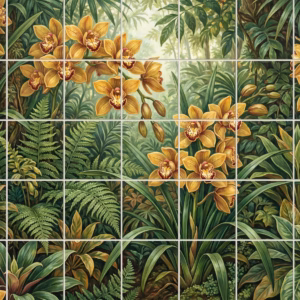 Tile mural of yellow orchids and green ferns in a tropical jungle setting.