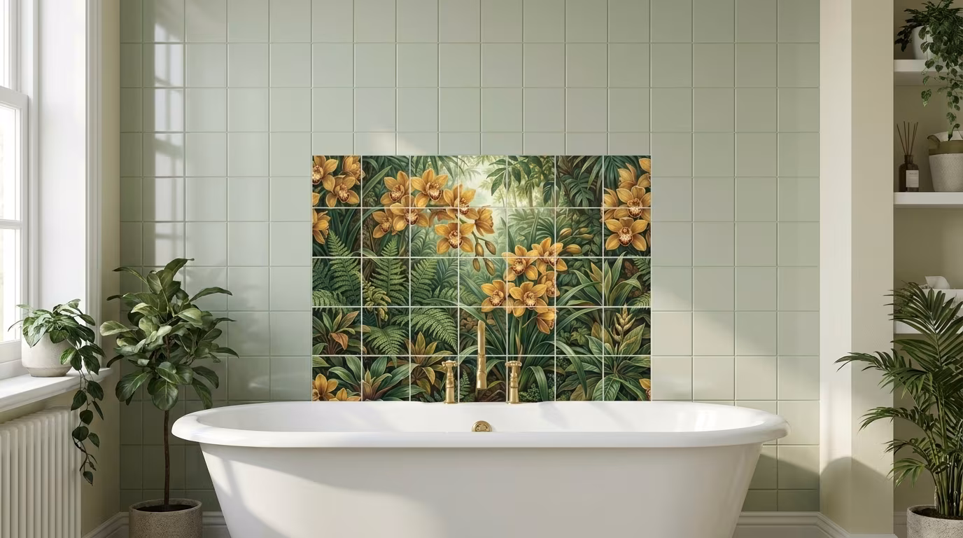 Golden Cymbidium Orchid tile mural