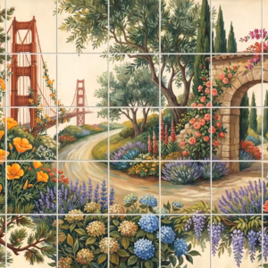 A painted tile mural of a lush Mediterranean garden with the Golden Gate Bridge.