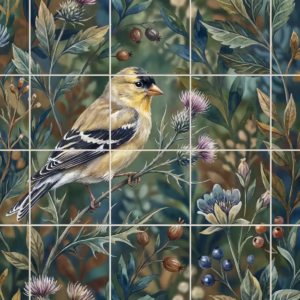 Watercolour tile mural of a yellow goldfinch on a thistle with berries and leaves.