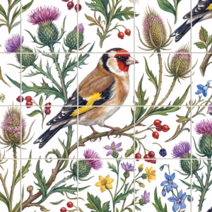 A tile mural of goldfinches perched on branches among thistles and wildflowers.