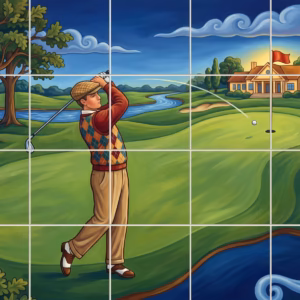 Illustration of a vintage golfer swinging his club on a sunny golf course.
