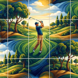 A stylised tile mural of a golfer swinging on a green, rolling golf course.