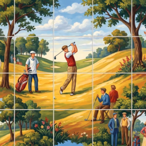 A vintage illustration of people in classic attire playing golf on a sunny day.