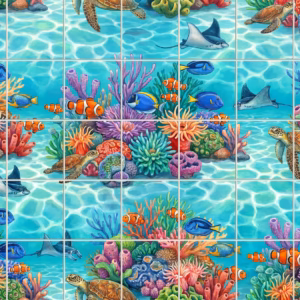A colourful tile mural of a coral reef with turtles, rays, and tropical fish.