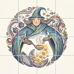 Illustration of a friendly witch in a teal robe stirring a magical golden potion.