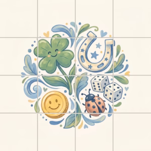 A circular illustration of good luck charms on a ceramic tile mural.