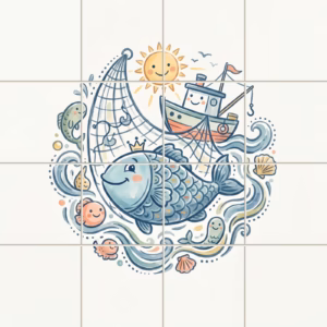 A cartoon tile mural of a crowned fish, a smiling boat, and a sun.