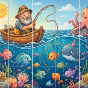 A cartoon fisherman in a boat above a colourful underwater scene with fish.