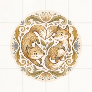 A circular watercolour illustration of two smiling foxes surrounded by folk art style leaves.