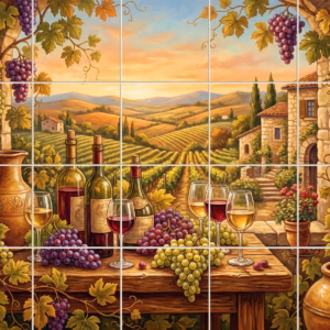 A painted mural of a Tuscan vineyard scene with wine and grapes.