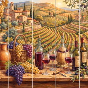 A painted scene of wine and grapes on a table overlooking a Tuscan vineyard.