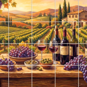 A rustic table with wine and grapes overlooking a Tuscan vineyard and villa.