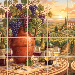 A tile mural of a wine tasting scene overlooking a Tuscan vineyard at sunset.