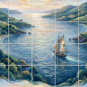A painterly tile mural of a sailboat on a calm coastal inlet with green hills.