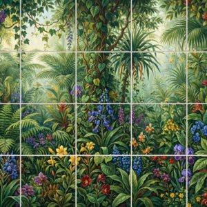 Green with Envy tile mural: a painted mural of a dense jungle scene with colourful tropical flowers and foliage.