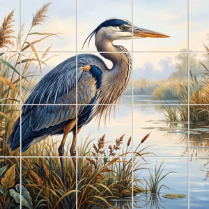 Tile mural depicting a great blue heron standing among reeds by calm water.