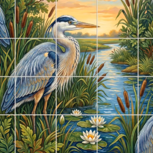 A painted tile mural of great blue herons in a river marsh at sunset.