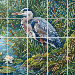 A painted tile mural of a great blue heron by a pond with water lilies.