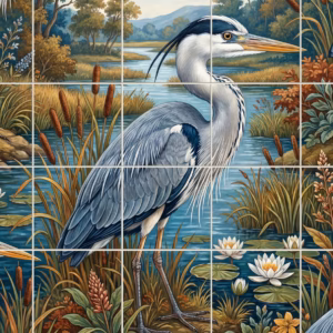 An illustrated tile mural of grey herons in a tranquil marshland with water lilies.