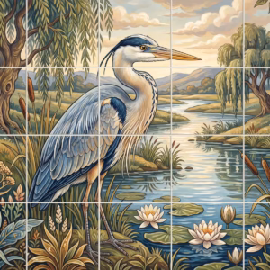 An Art Nouveau style tile mural of a blue heron standing by a river.