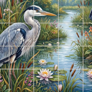 Tile mural of a grey heron standing in a river with water lilies.
