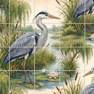 A watercolour style tile mural of two grey herons in a willow pond.