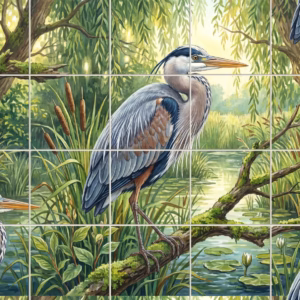 A painting of great blue herons in a lush, green marsh setting.