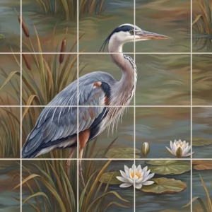 A tile mural painting of a great blue heron in a marshy pond.