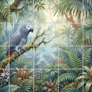 Tile mural of an African Grey parrot on a branch in a green jungle.