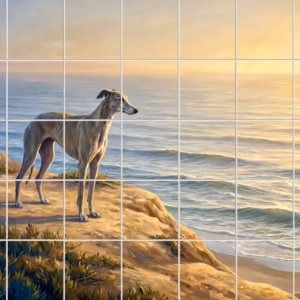 Greyhound tile mural: a painting of a graceful greyhound on a cliff overlooking the sea at sunrise.