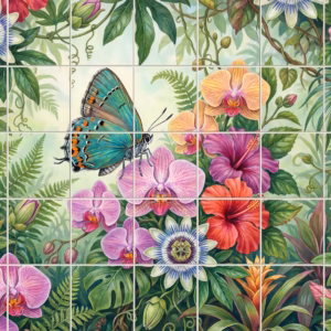 A tile mural of a turquoise butterfly on pink orchids among tropical flowers.