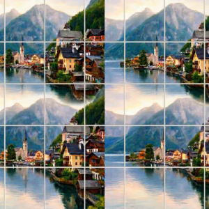 A painterly tile mural of a lakeside village in the mountains.