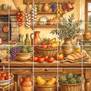 A watercolour painting of a rustic kitchen table laden with fresh Mediterranean produce.