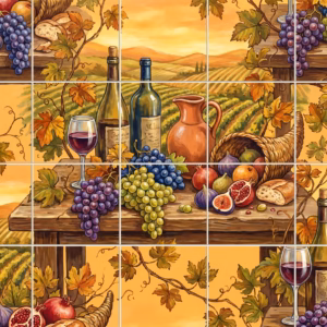 A painted tile mural of a harvest still life with wine and fruit.