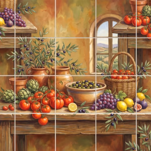 A still life painting of a Mediterranean harvest on rustic wooden tables.