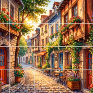 A watercolour painting of a quaint European cobblestone street with flowers and cafes.