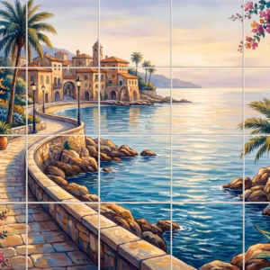 A painted mural of a Mediterranean village on a rocky coast at sunset.
