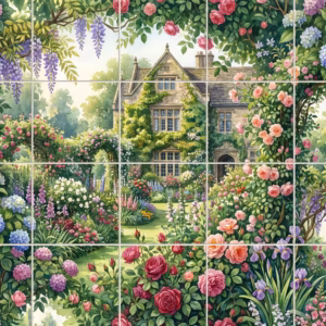 Watercolour tile mural of an English country house seen through a blooming garden.