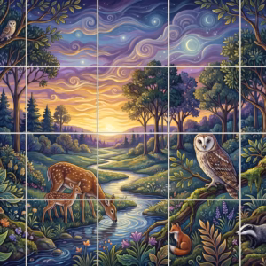 A stylised illustration of a woodland scene with animals by a river.