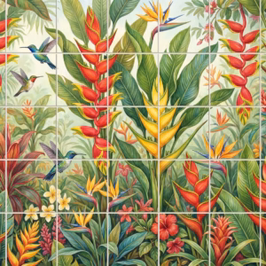 A painted tile mural of a tropical jungle with hummingbirds and exotic flowers.