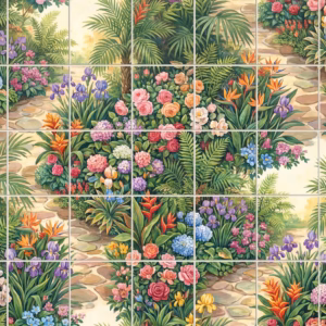 A painterly tile mural of a stone path through a colourful tropical garden.