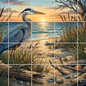 Tile mural of a great blue heron on a sandy beach at sunset.